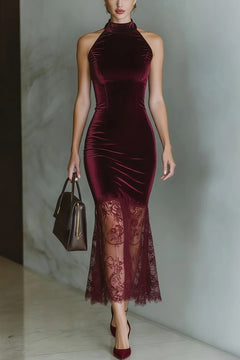 Velvet Midi Dress With Halter Neck - 2