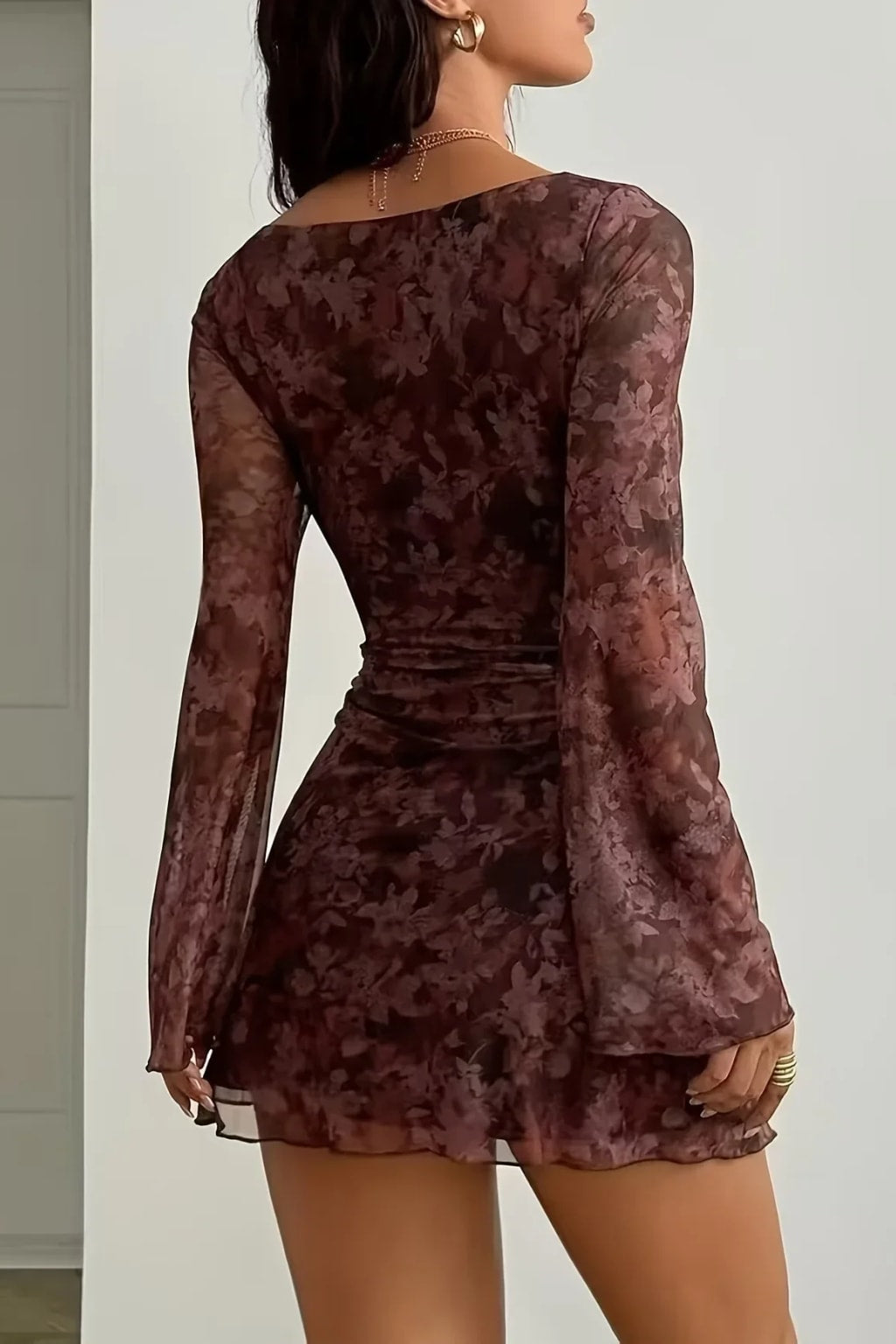 Polyester Mini Dress With Flare Sleeves - 4