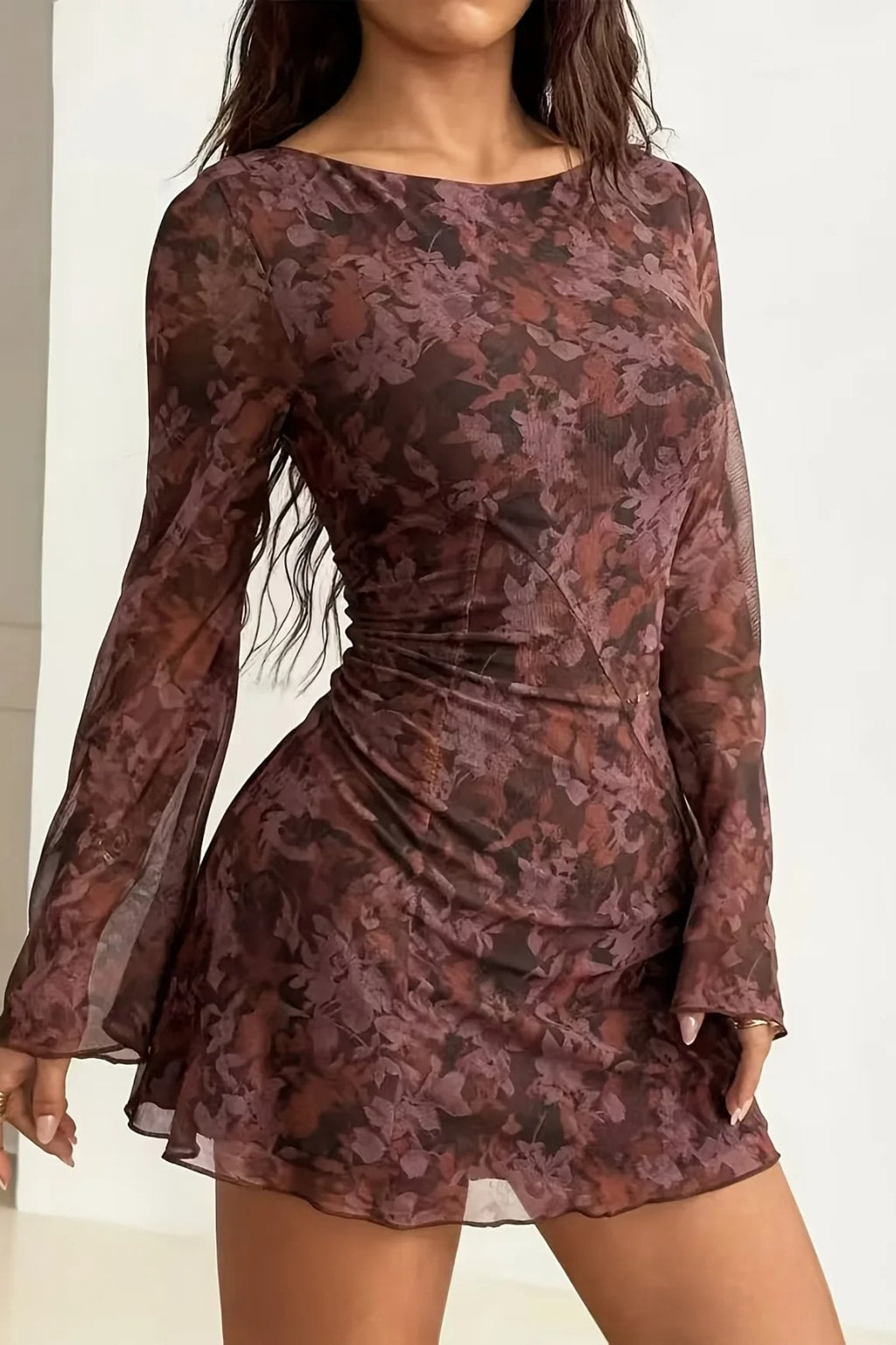 Polyester Mini Dress With Flare Sleeves - 5