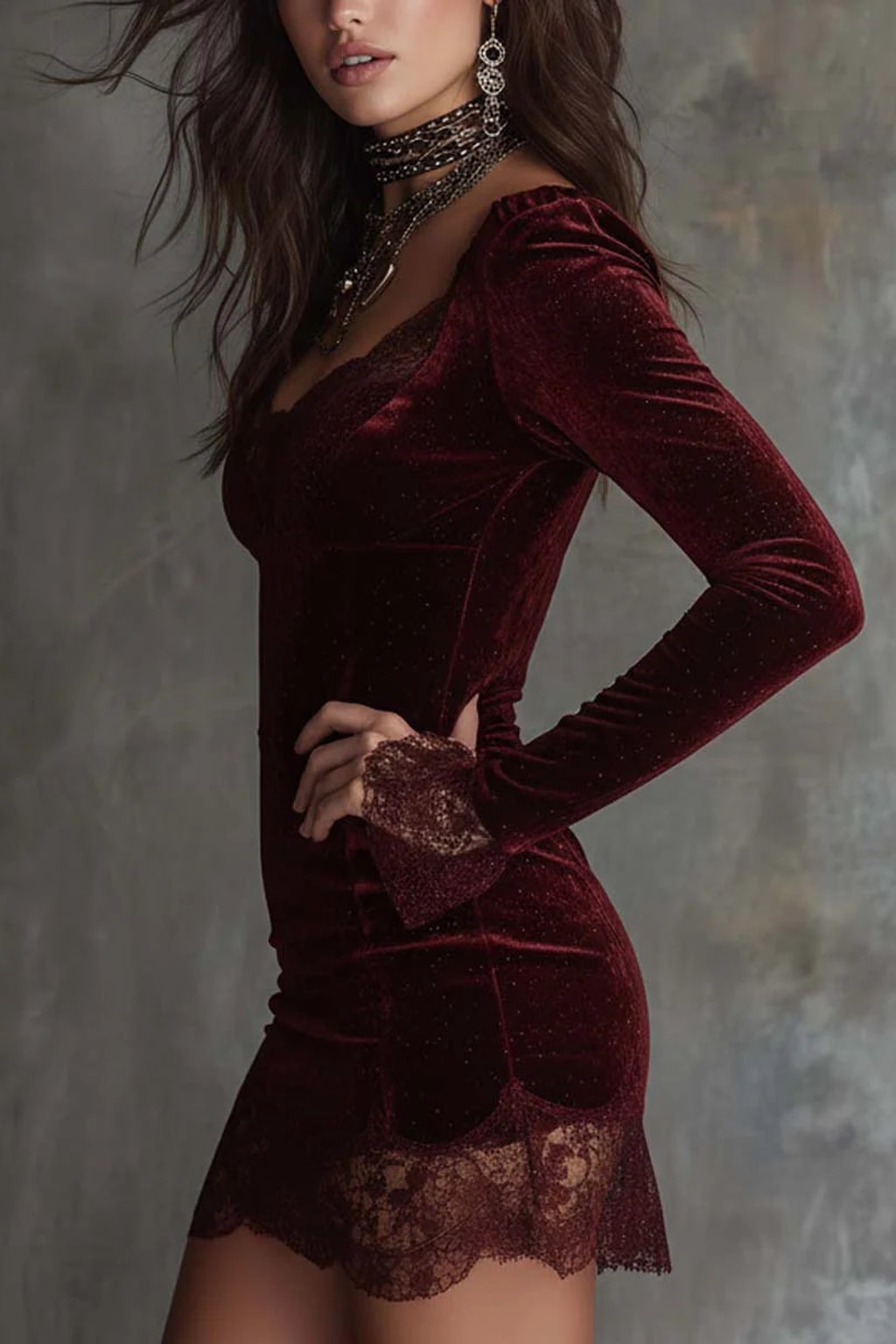 Polyester Velvet Mini Dress With Lace Trim - 3
