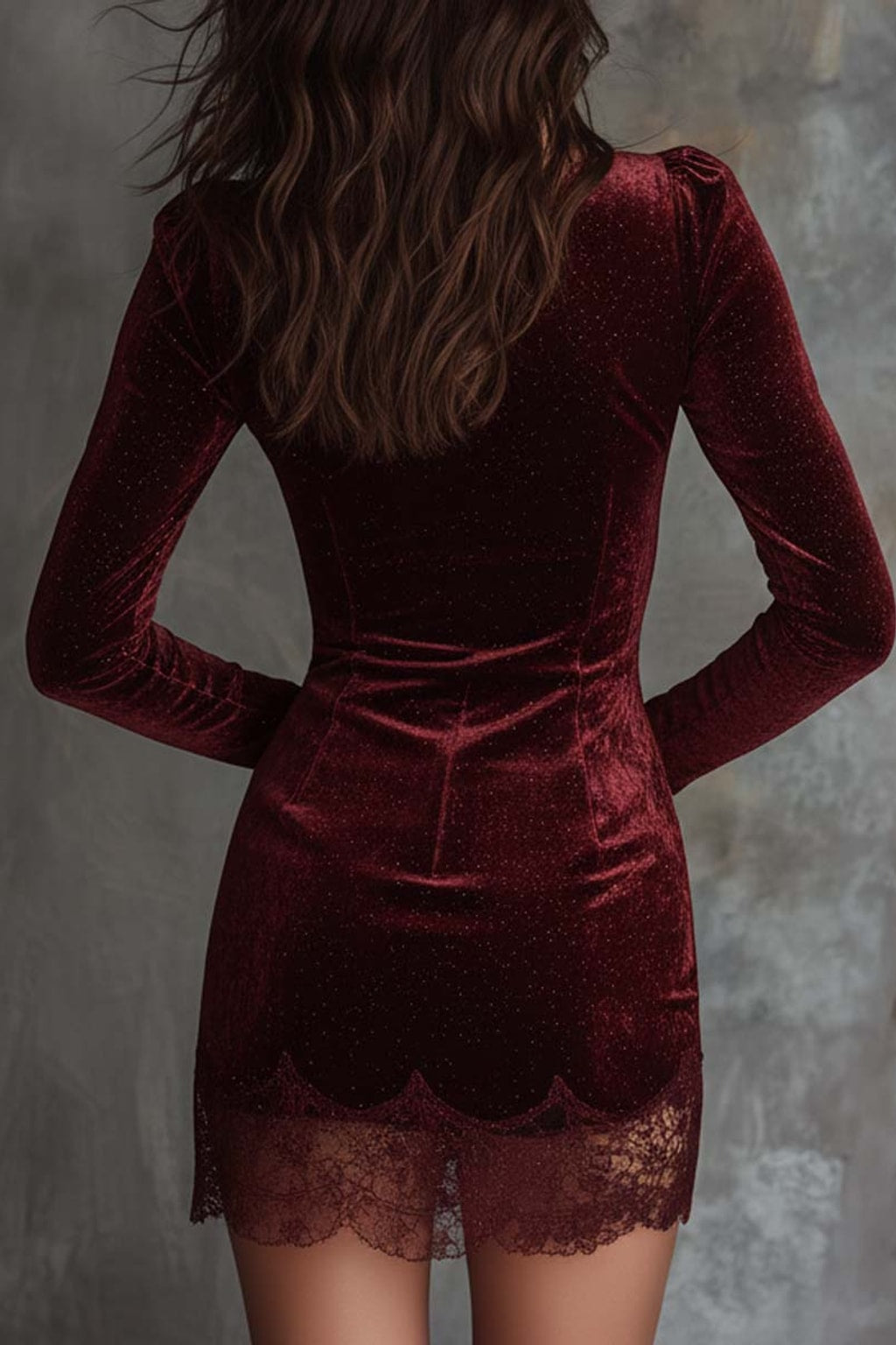 Polyester Velvet Mini Dress With Lace Trim - 4