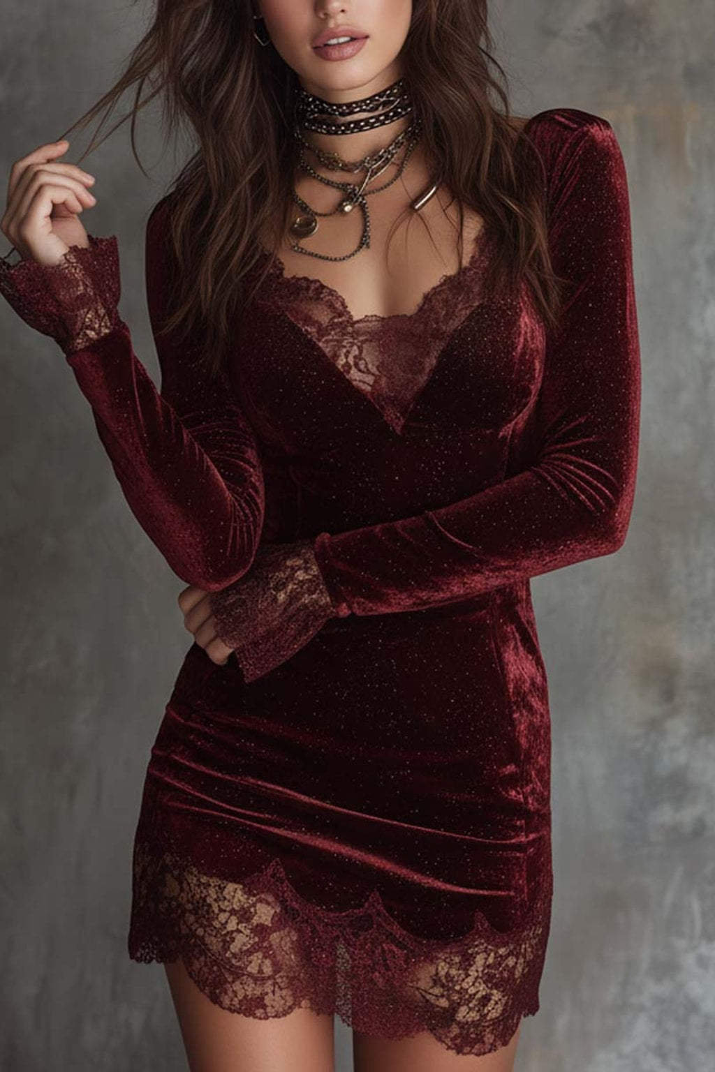 Polyester Velvet Mini Dress With Lace Trim - 5