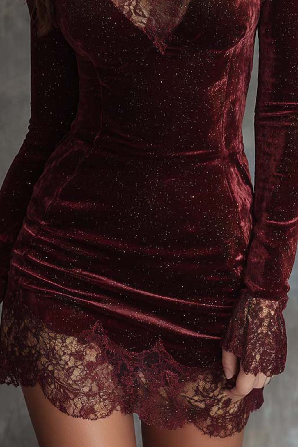 Polyester Velvet Mini Dress With Lace Trim - 6