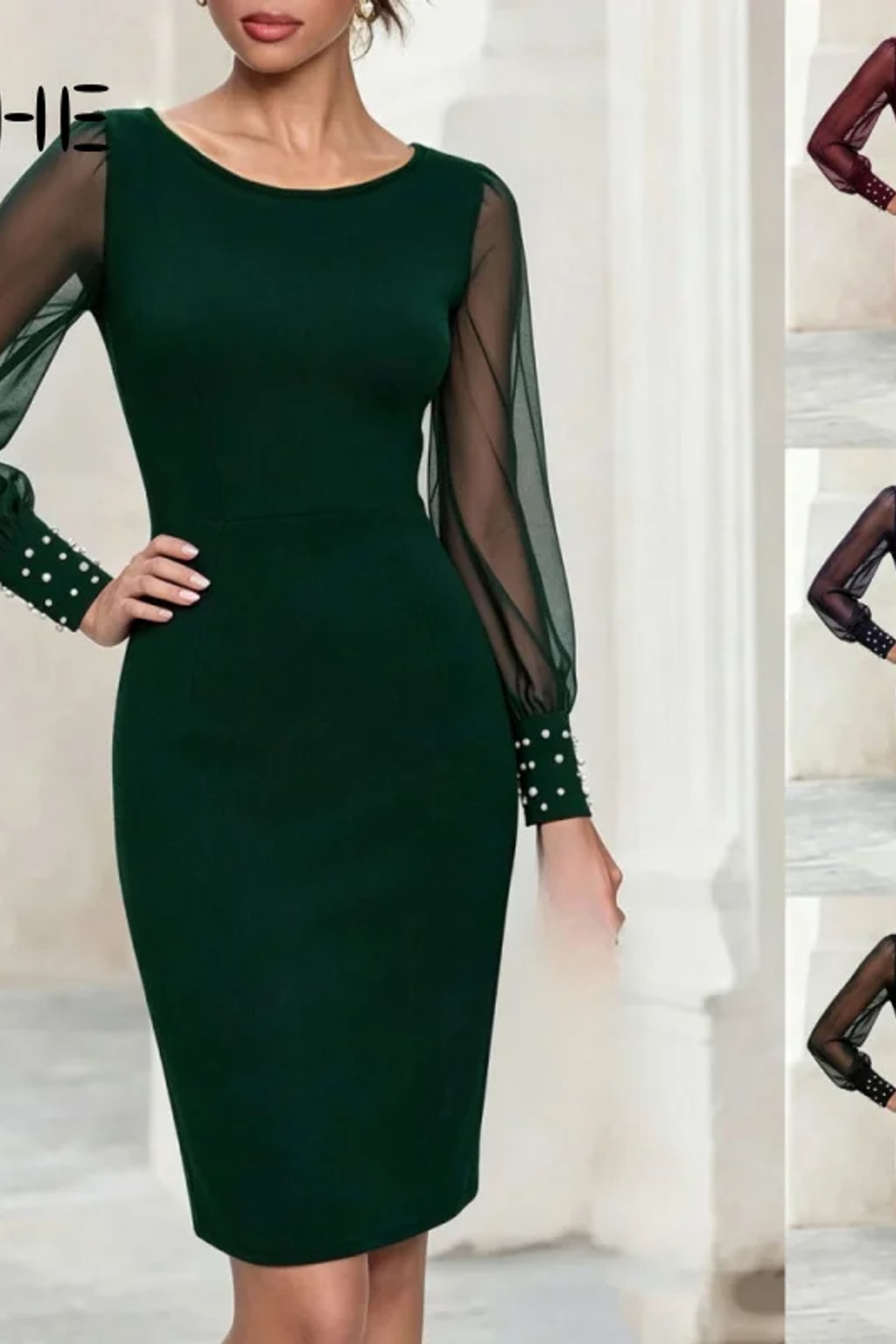 Synthetic Fiber Midi Dress With Mesh Sleeves - 11