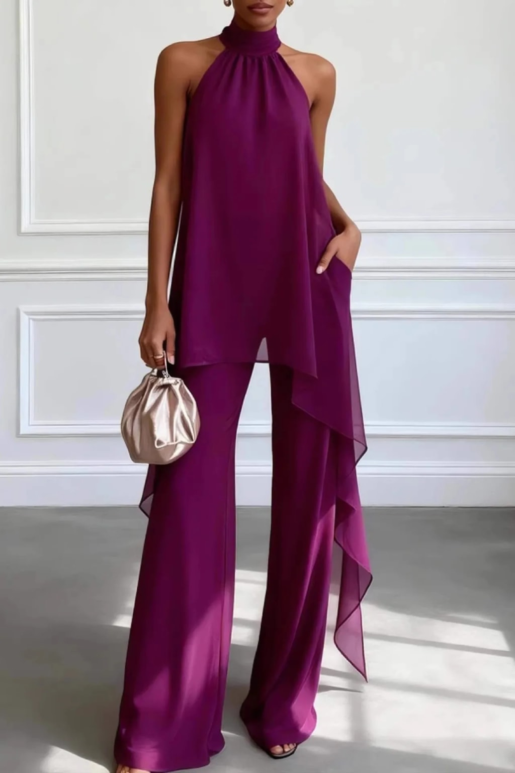 Chiffon Two-Piece Set With Asymmetrical Halter Top - 2