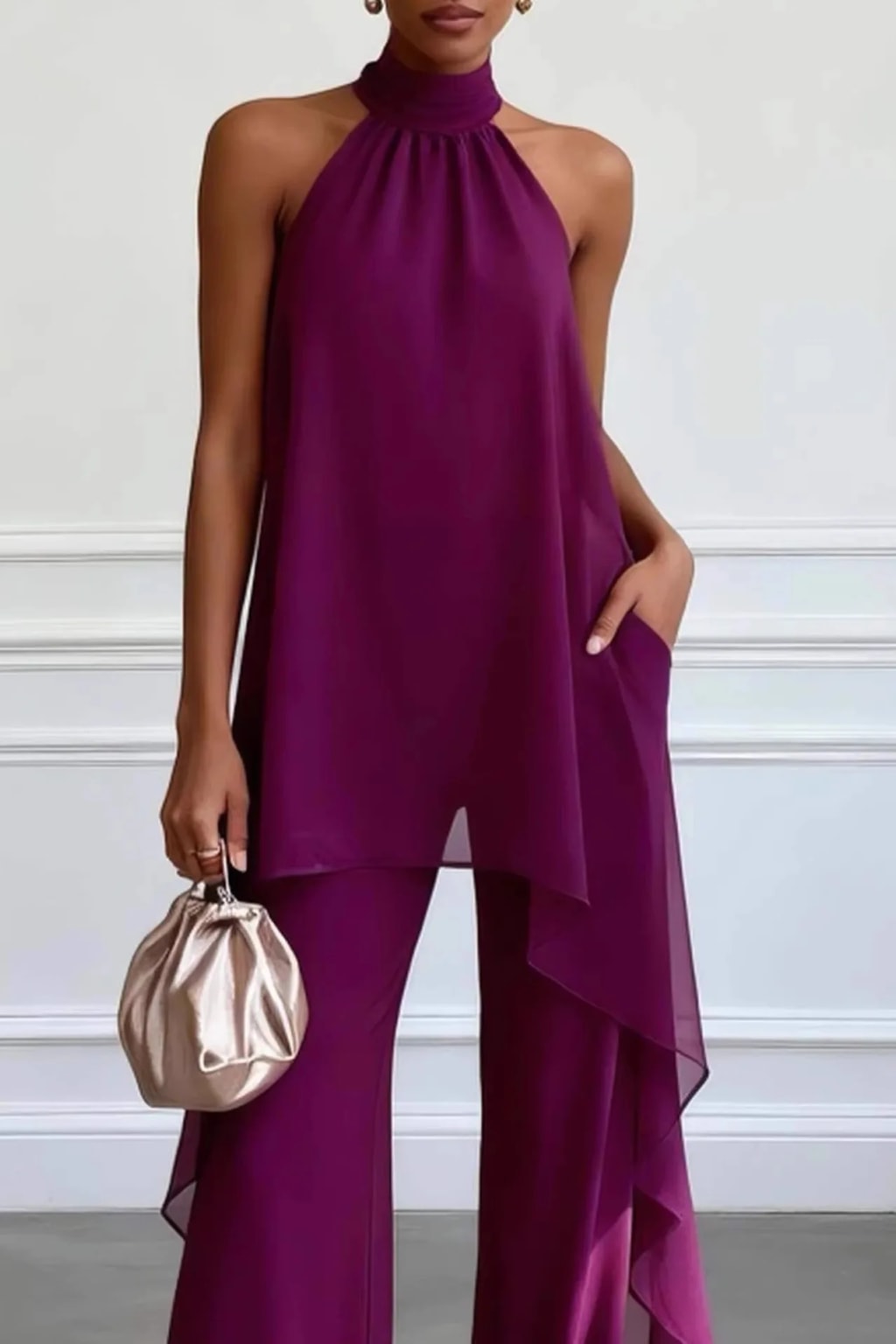 Chiffon Two-Piece Set With Asymmetrical Halter Top - 3