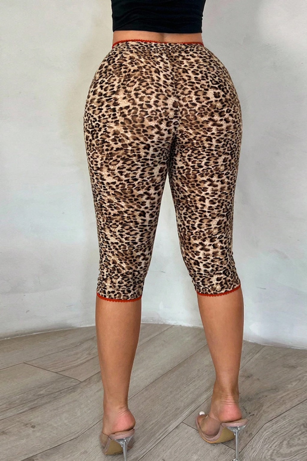 Polyester Spandex Leopard Print High Waisted Capri Pants - 5