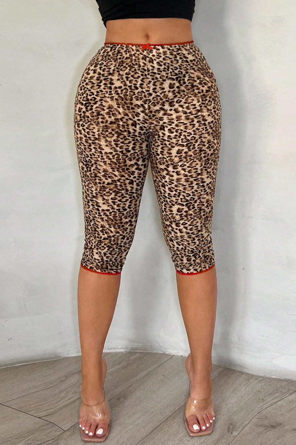 Polyester Spandex Leopard Print High Waisted Capri Pants - 3