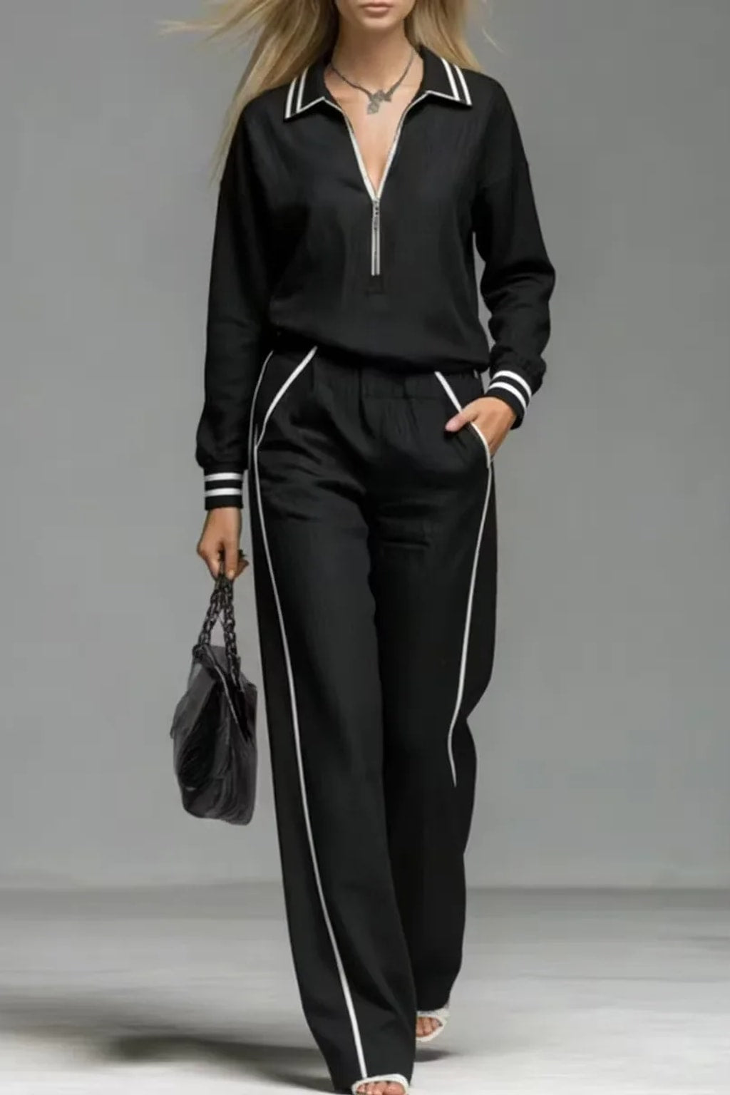 Non-Woven Two-Piece Suit Set With Color-Block Detail - 4