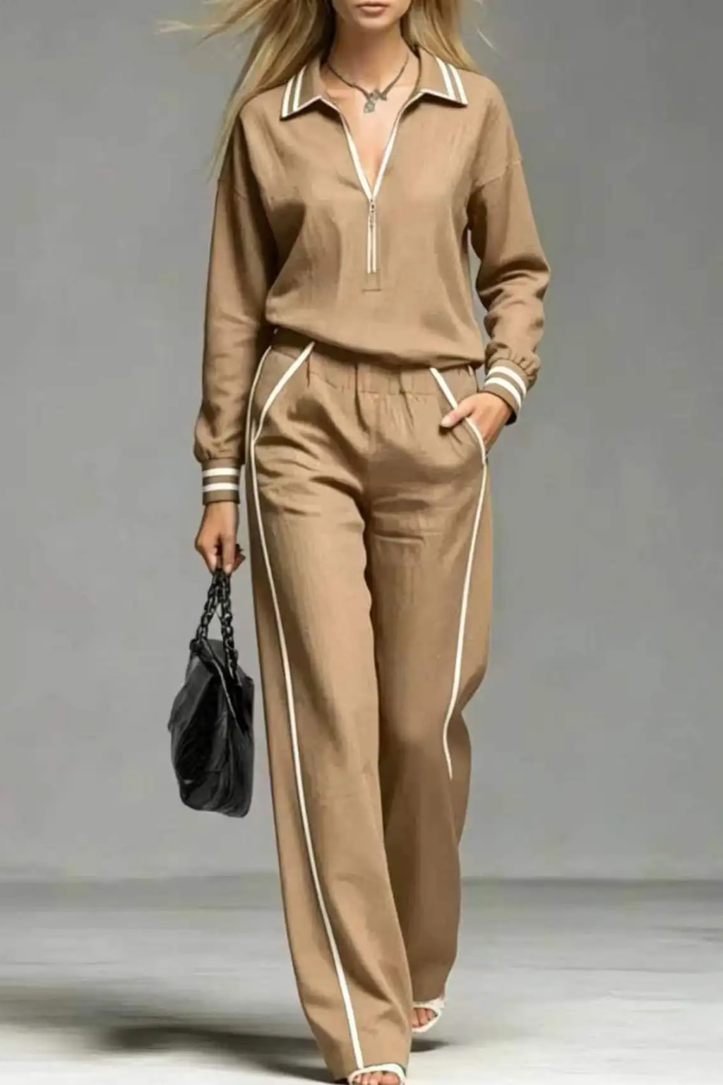 Non-Woven Two-Piece Suit Set With Color-Block Detail - 6
