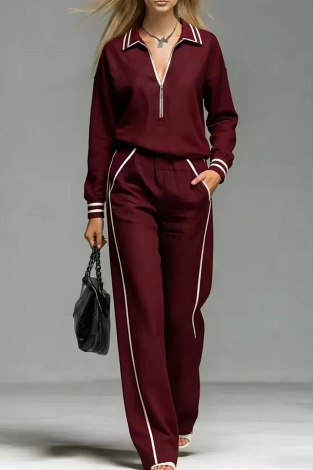 Non-Woven Two-Piece Suit Set With Color-Block Detail - 1