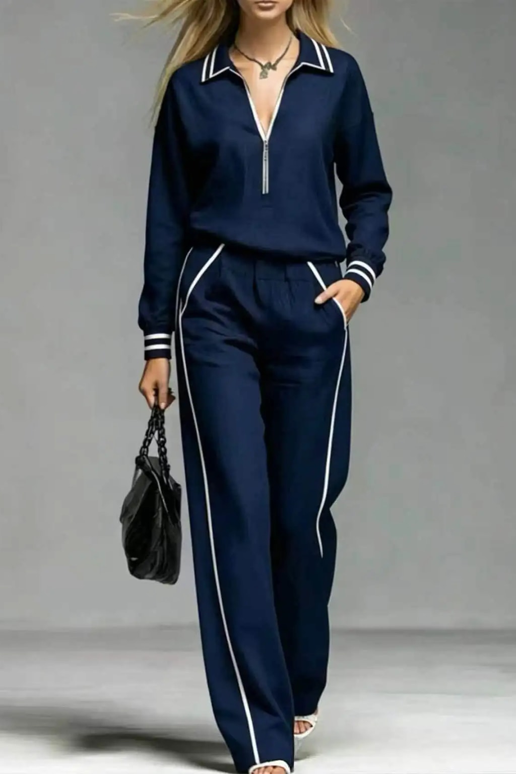 Non-Woven Two-Piece Suit Set With Color-Block Detail - 5