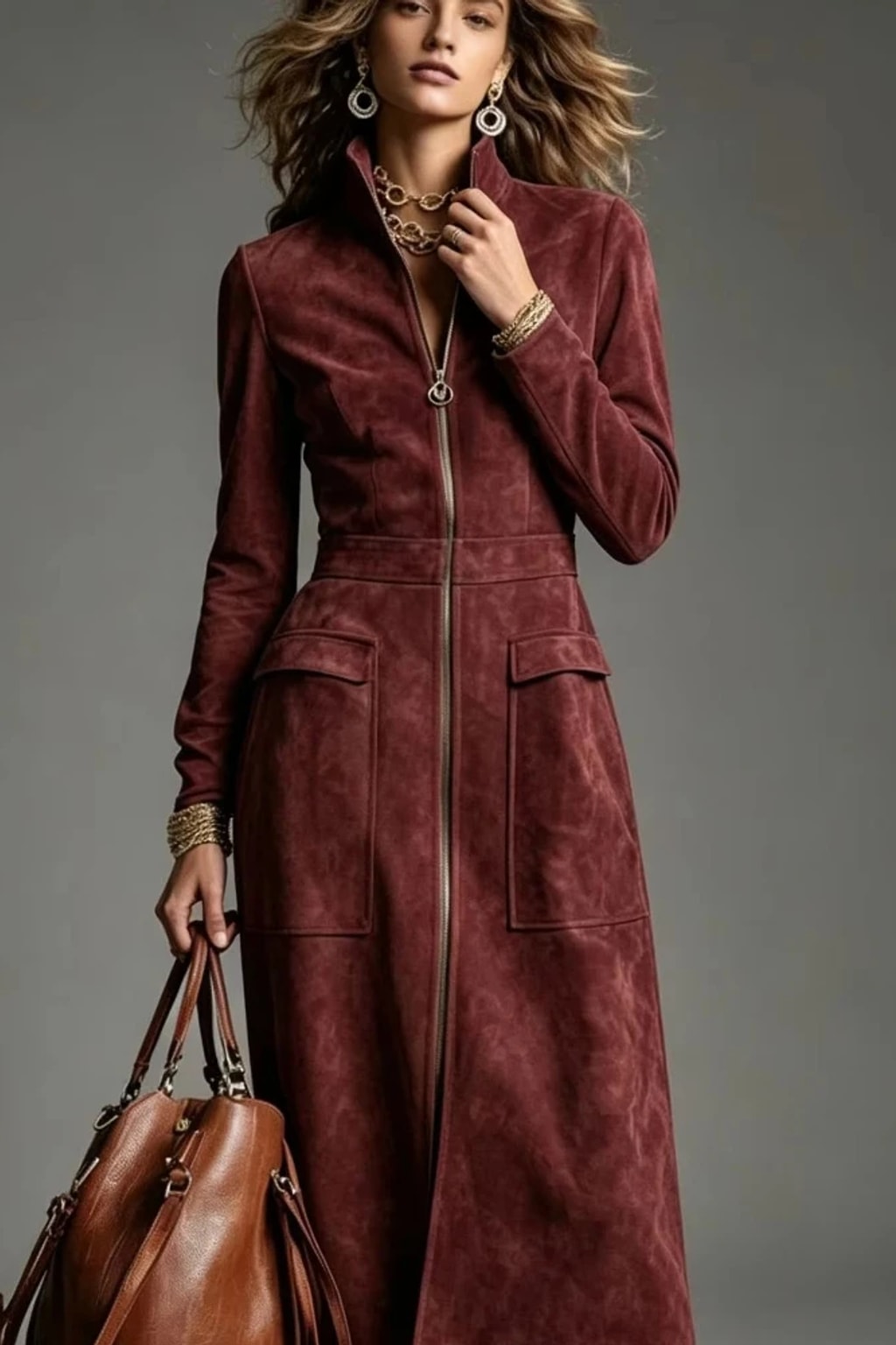 Synthetic Fiber A-Line Zipper Dress With Stand Collar - 14