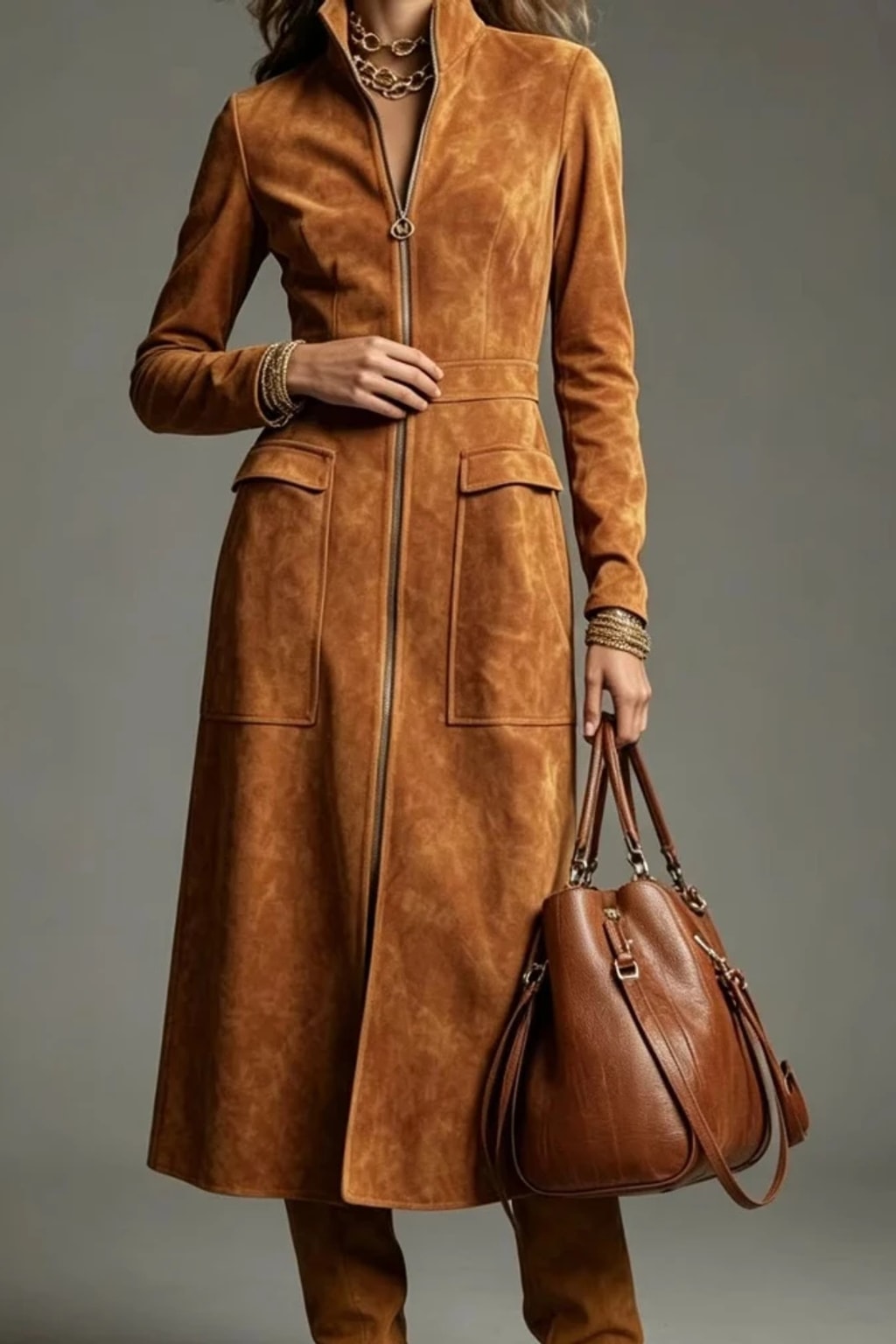 Synthetic Fiber A-Line Zipper Dress With Stand Collar - 15