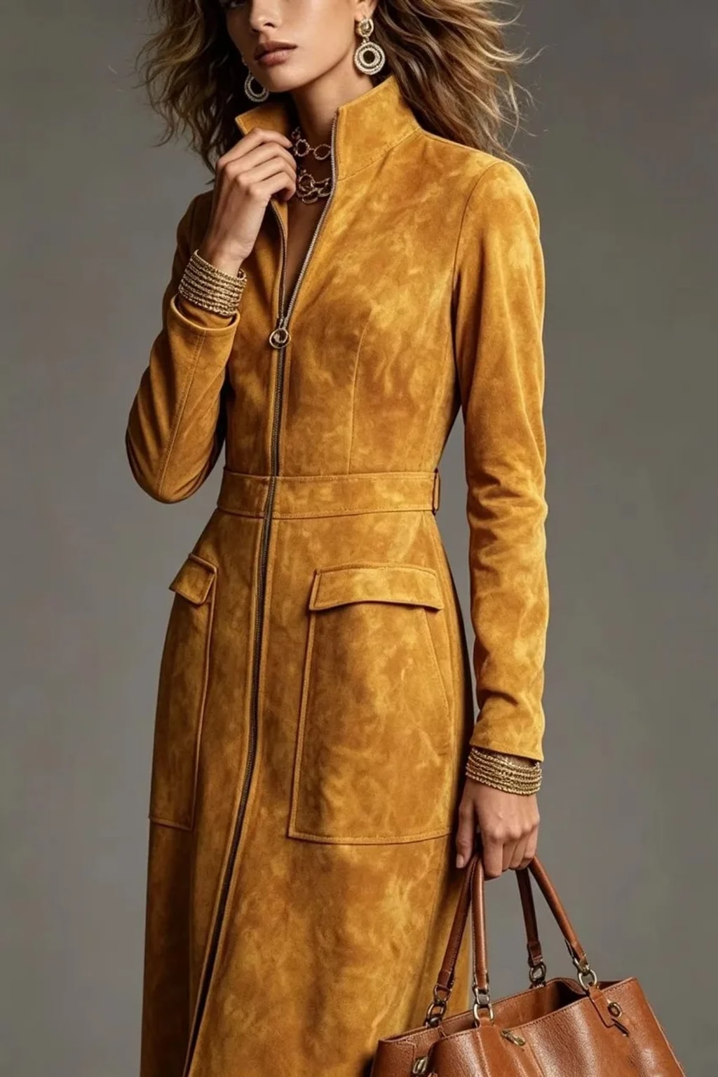 Synthetic Fiber A-Line Zipper Dress With Stand Collar - 3