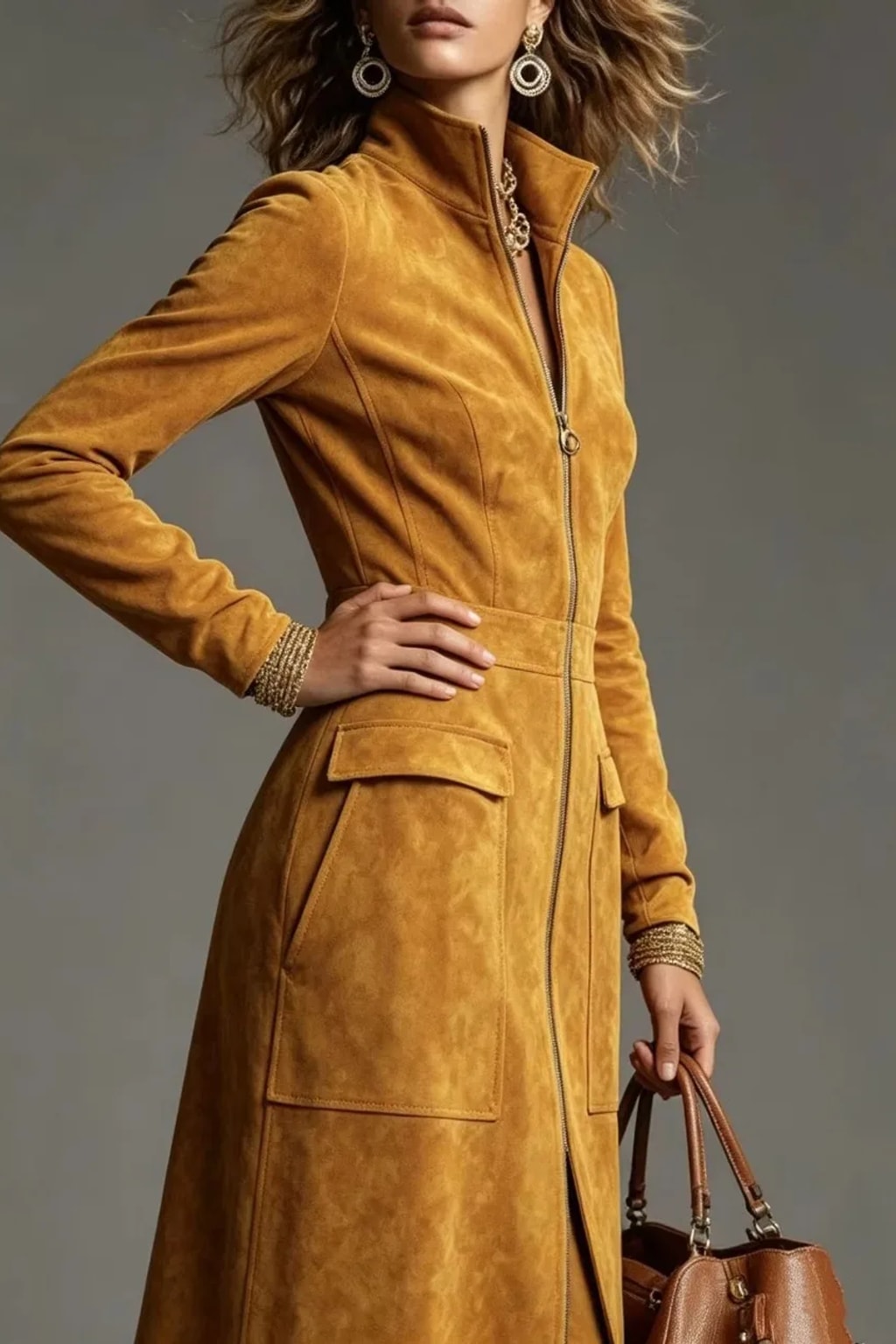 Synthetic Fiber A-Line Zipper Dress With Stand Collar - 4