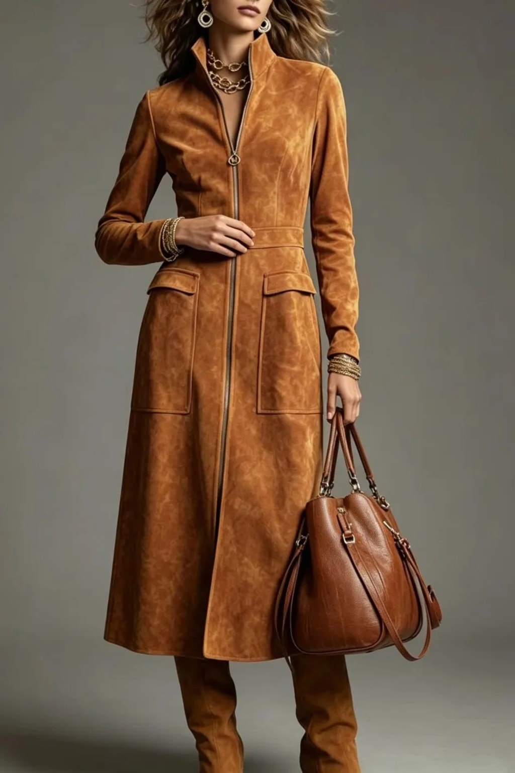 Synthetic Fiber A-Line Zipper Dress With Stand Collar - 11