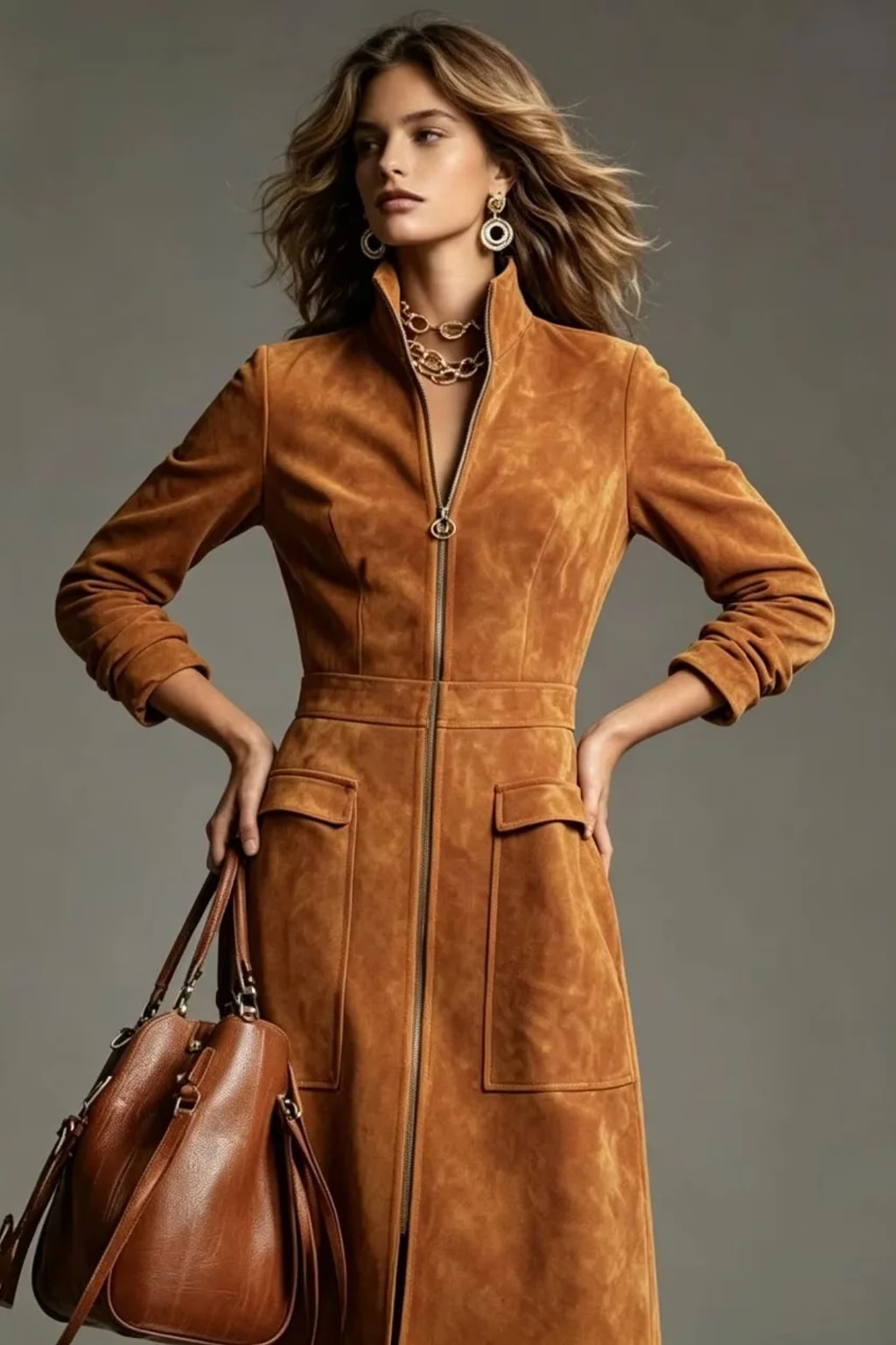 Synthetic Fiber A-Line Zipper Dress With Stand Collar - 12
