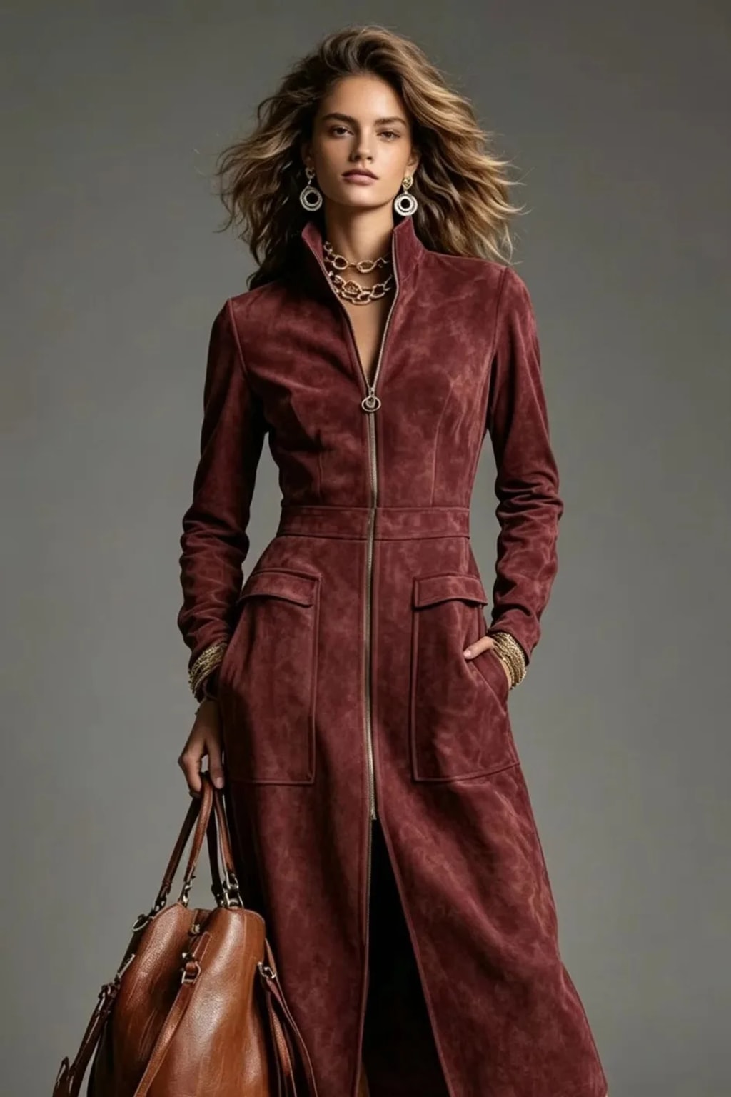 Synthetic Fiber A-Line Zipper Dress With Stand Collar - 5