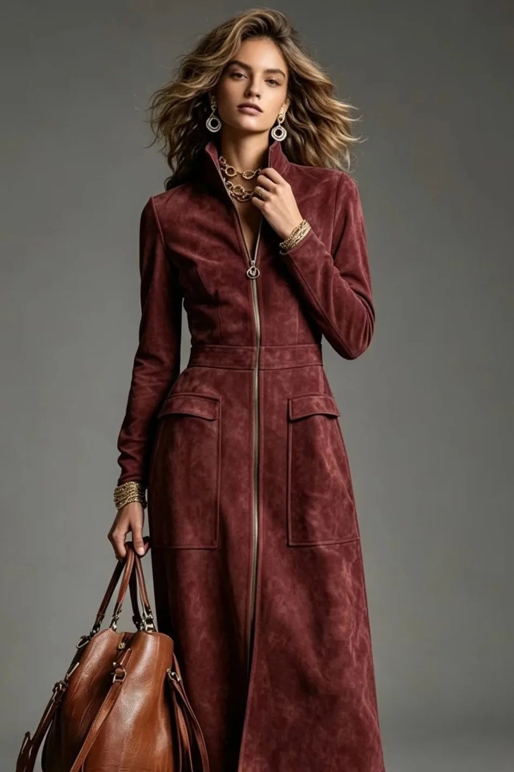 Synthetic Fiber A-Line Zipper Dress With Stand Collar - 6