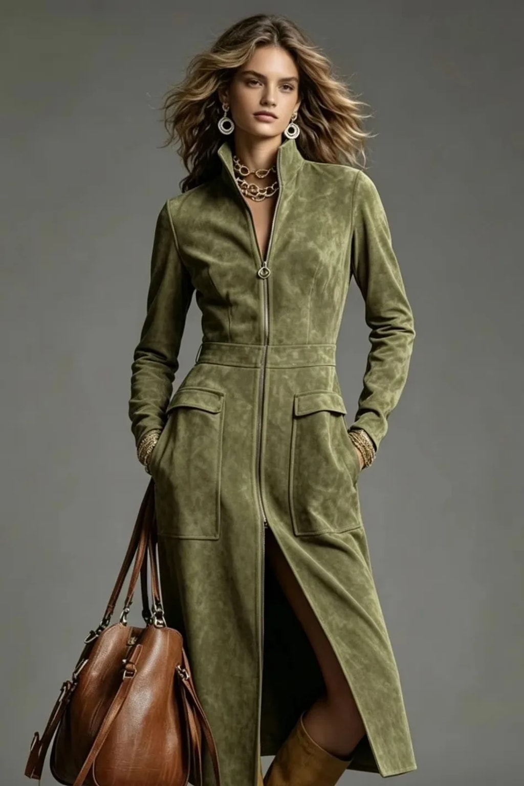 Synthetic Fiber A-Line Zipper Dress With Stand Collar - 7