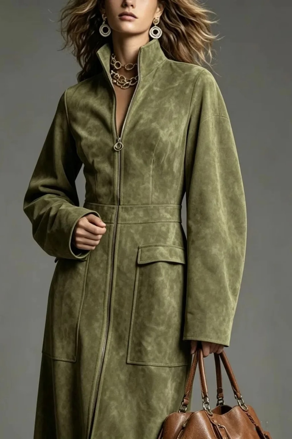 Synthetic Fiber A-Line Zipper Dress With Stand Collar - 8