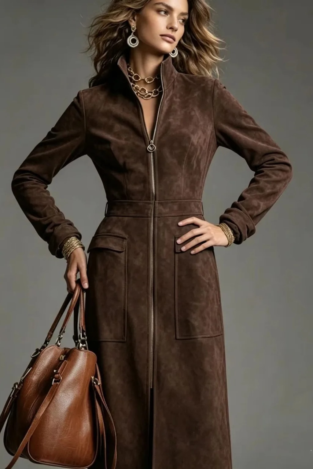 Synthetic Fiber A-Line Zipper Dress With Stand Collar - 9