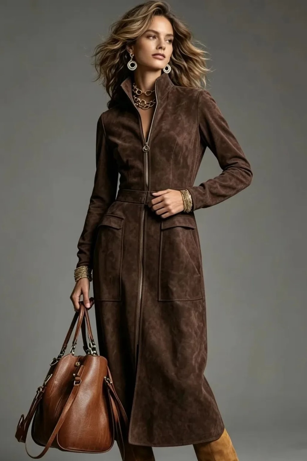 Synthetic Fiber A-Line Zipper Dress With Stand Collar - 10