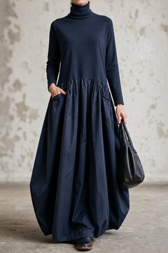 Polyester Maxi Dress With High Neck And Gathered Skirt - 2