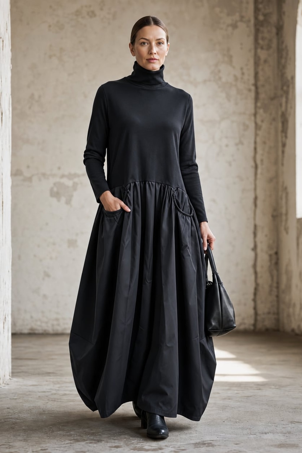 Polyester Maxi Dress With High Neck And Gathered Skirt - 3