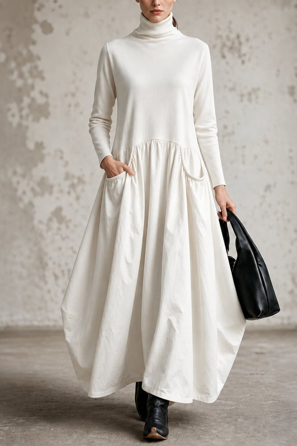 Polyester Maxi Dress With High Neck And Gathered Skirt - 4