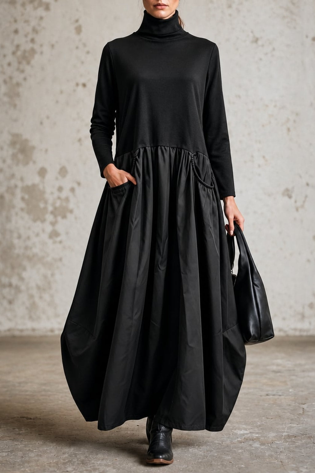 Polyester Maxi Dress With High Neck And Gathered Skirt - 5