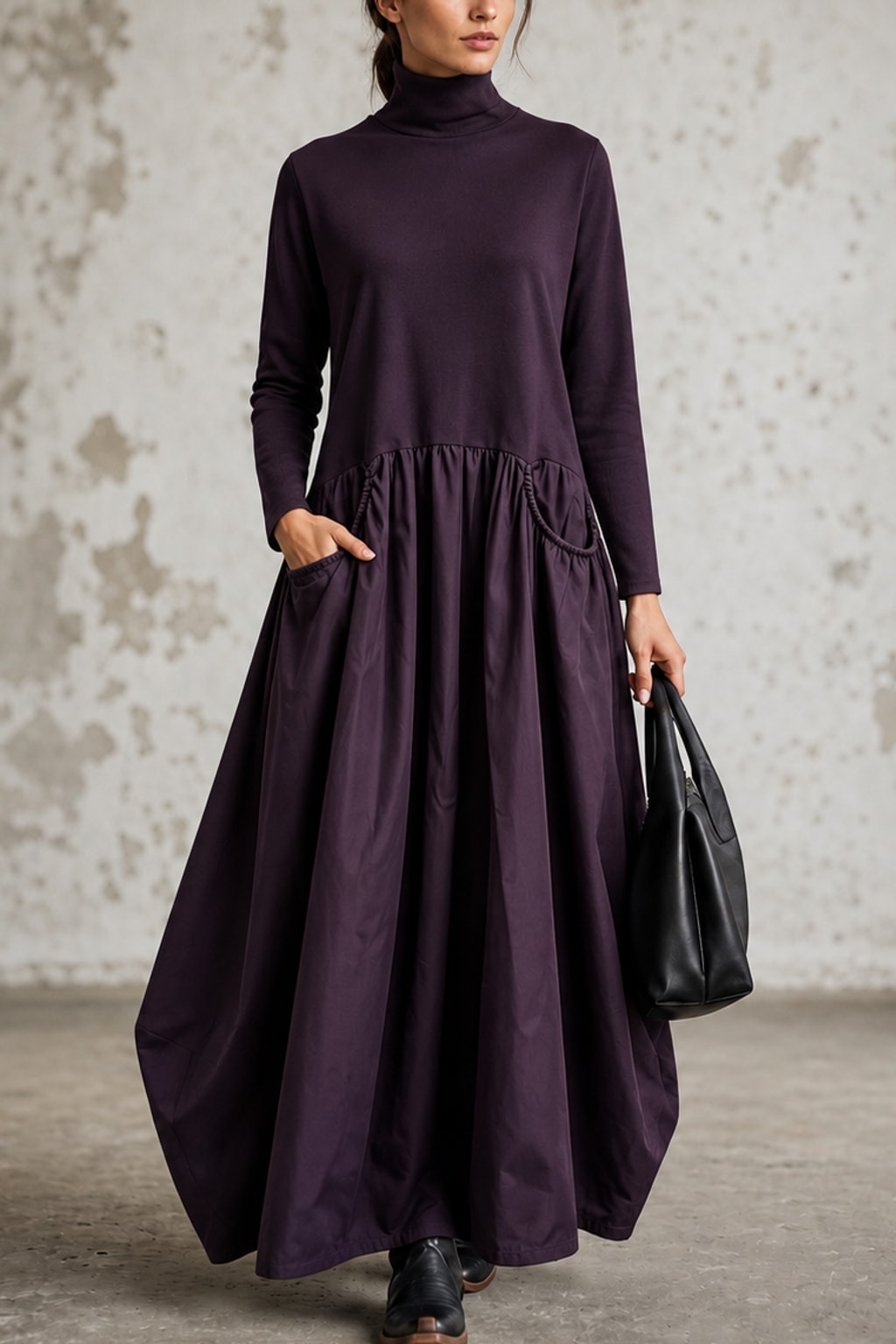 Polyester Maxi Dress With High Neck And Gathered Skirt - 6