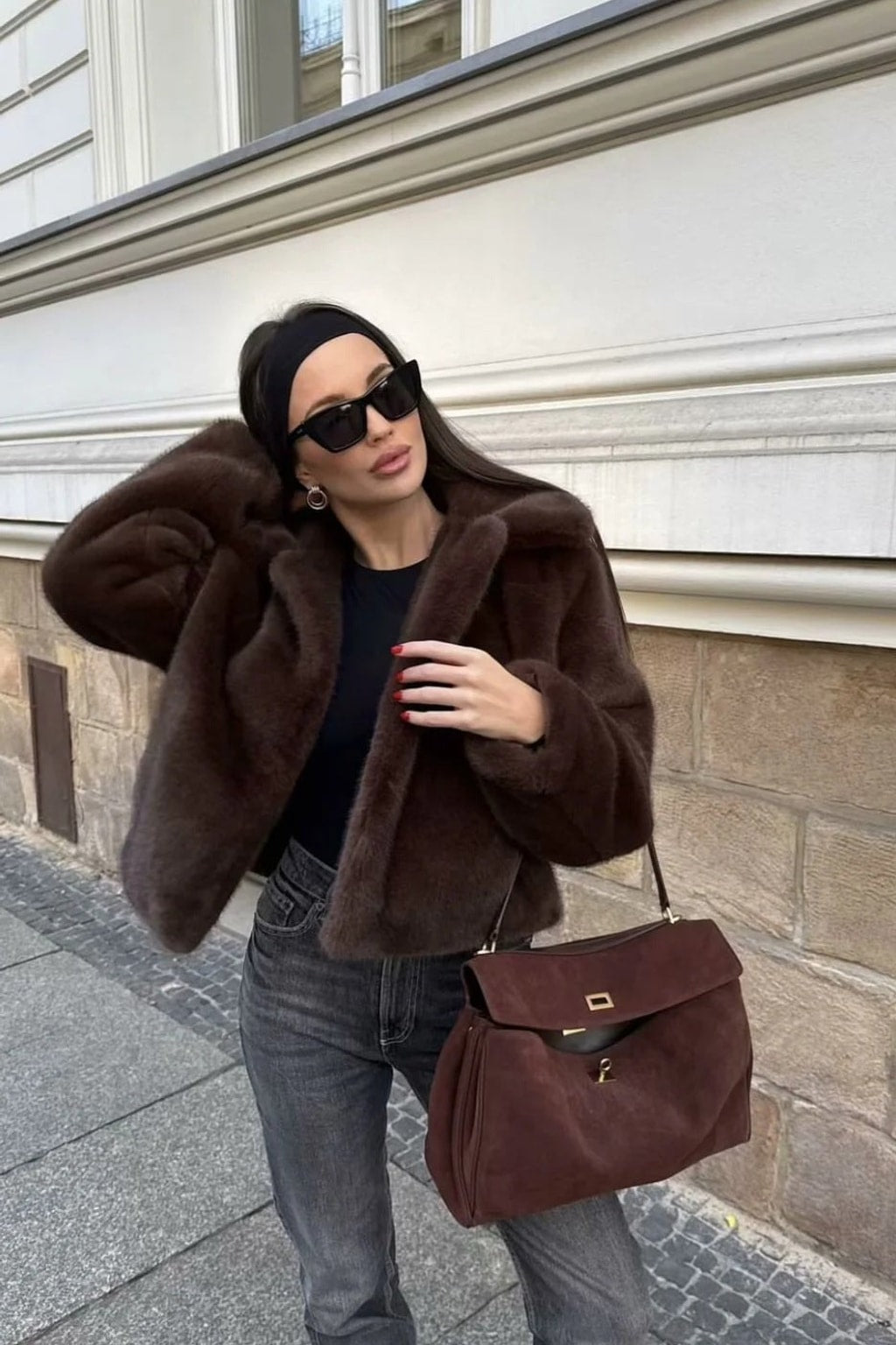 Polyester Short Coat With Faux Fur Collar - 4