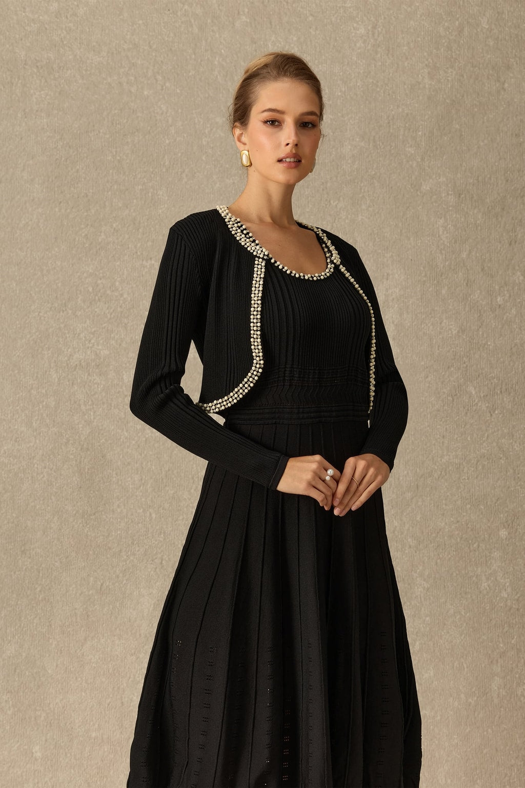 Viscose Knit Dress and Cardigan Set With Rhinestone Trim - 3
