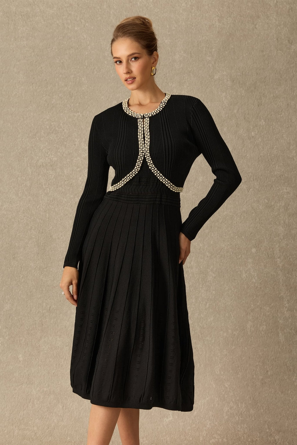 Viscose Knit Dress and Cardigan Set With Rhinestone Trim - 7