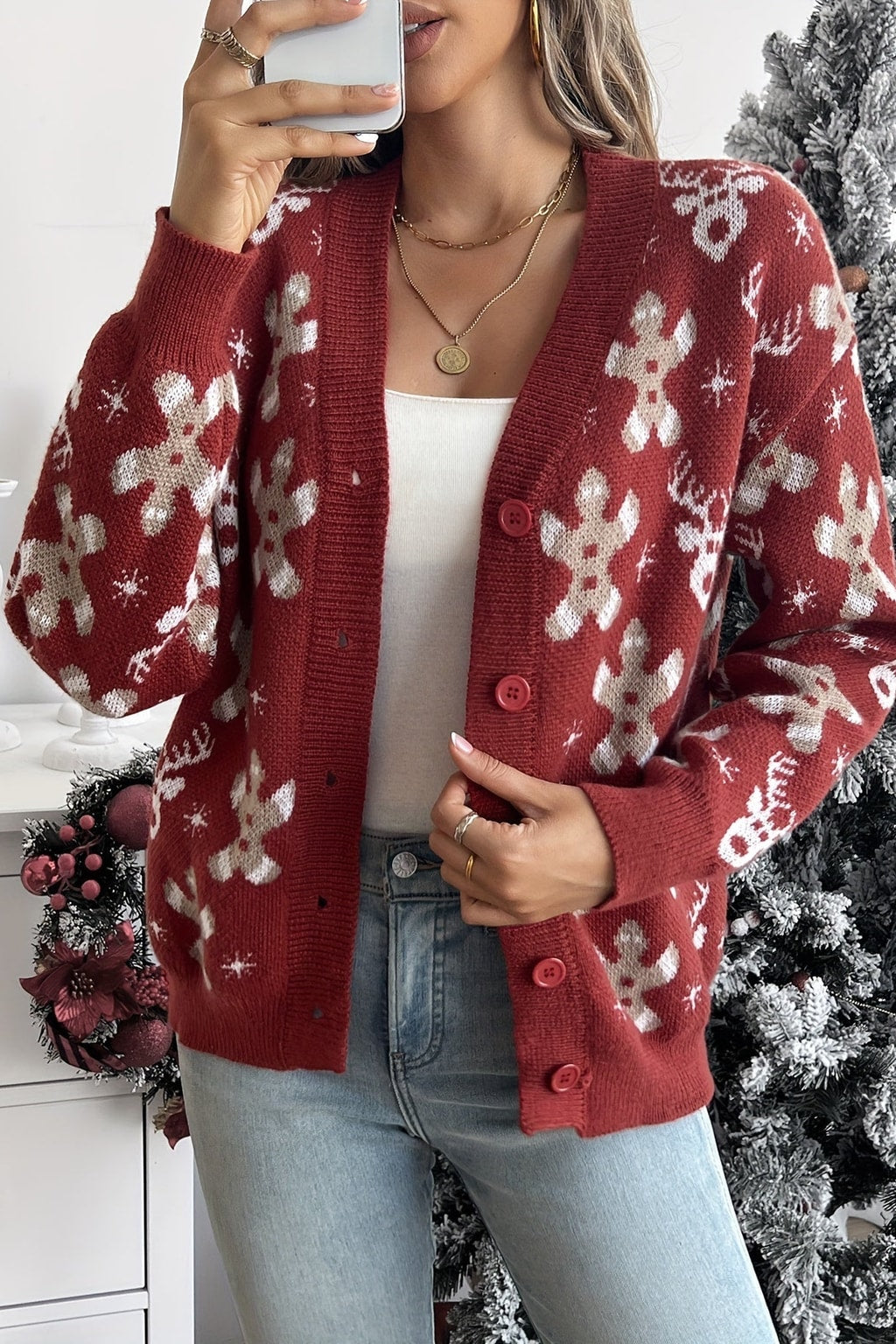 Cotton Cardigan with Button Front And Festive Print - 5