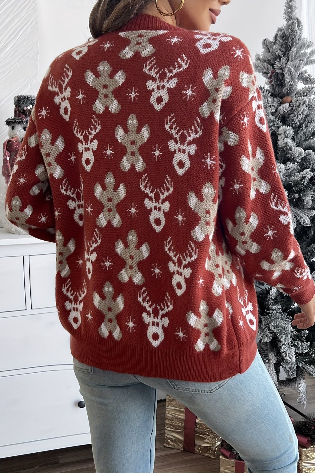 Cotton Cardigan with Button Front And Festive Print - 4