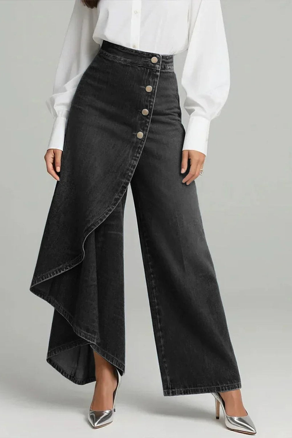 Cotton Wide-Leg Pants With Button-Front Detail - 5