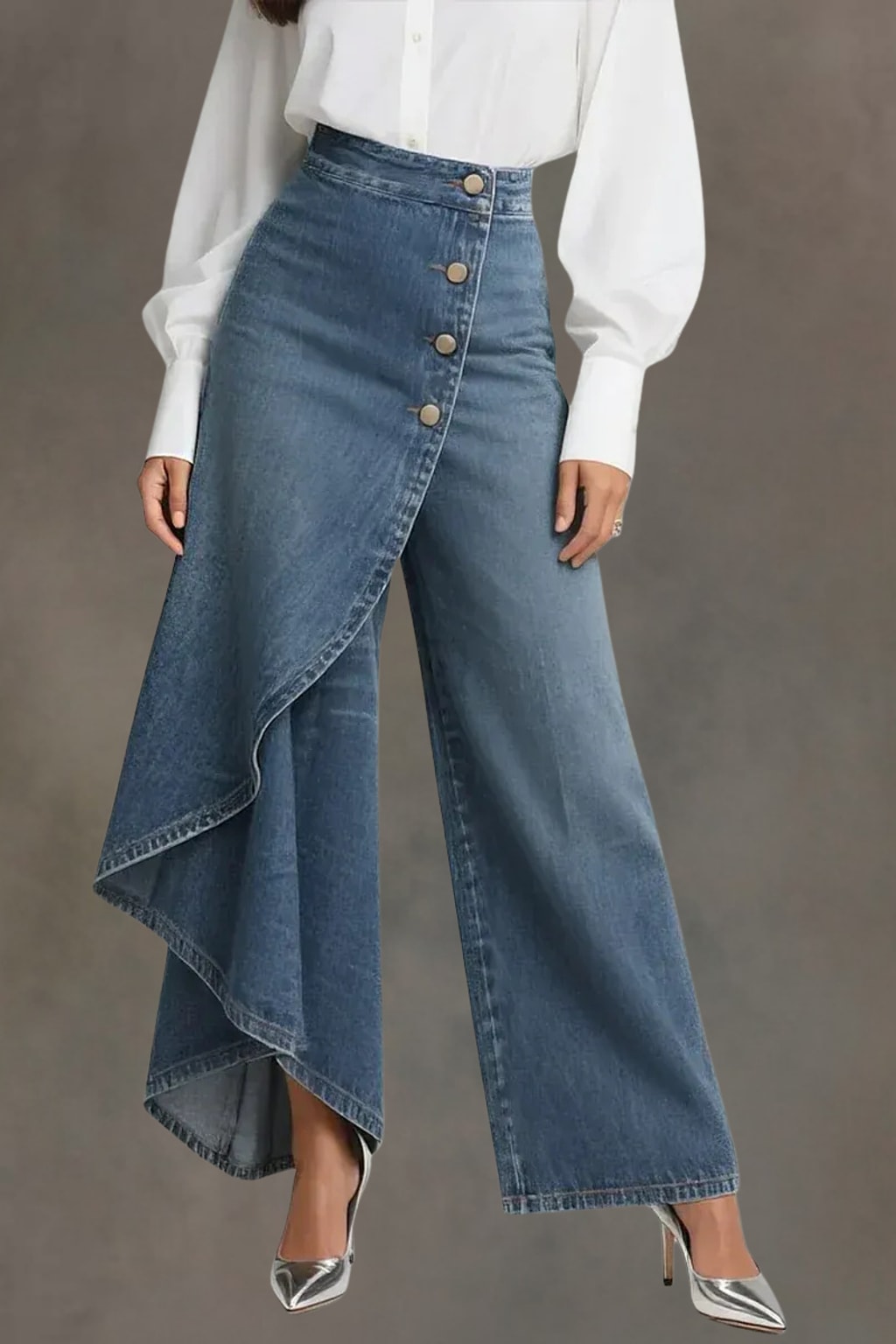 Cotton Wide-Leg Pants With Button-Front Detail - 4