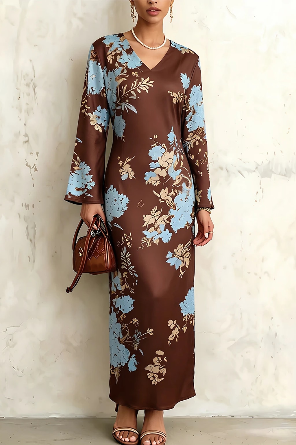 Polyester Satin Maxi Dress With V-Neck & Bell Sleeves - 2