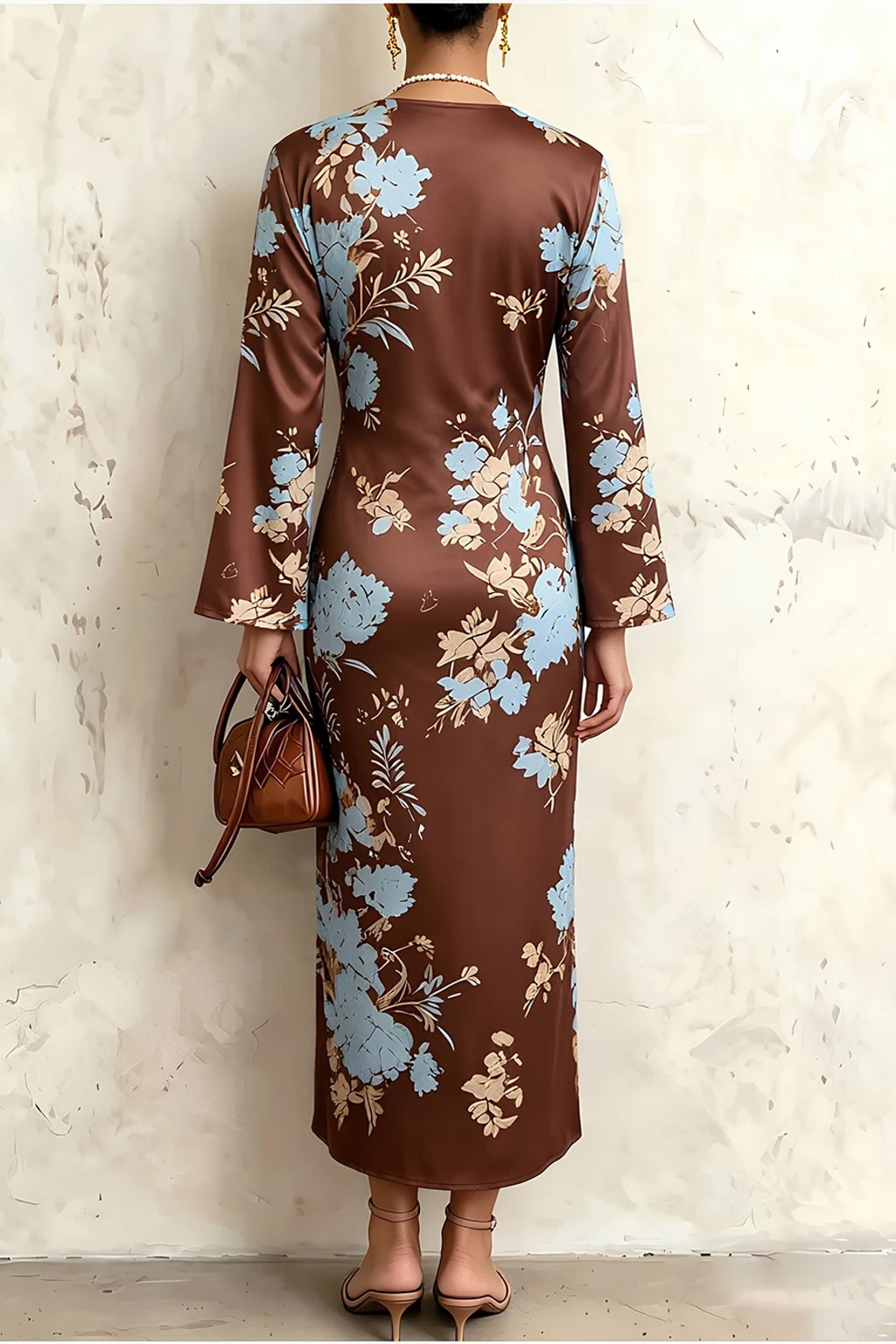Polyester Satin Maxi Dress With V-Neck & Bell Sleeves - 4