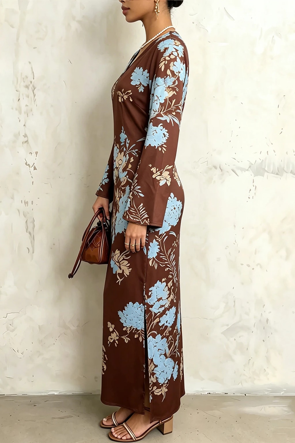 Polyester Satin Maxi Dress With V-Neck & Bell Sleeves - 5