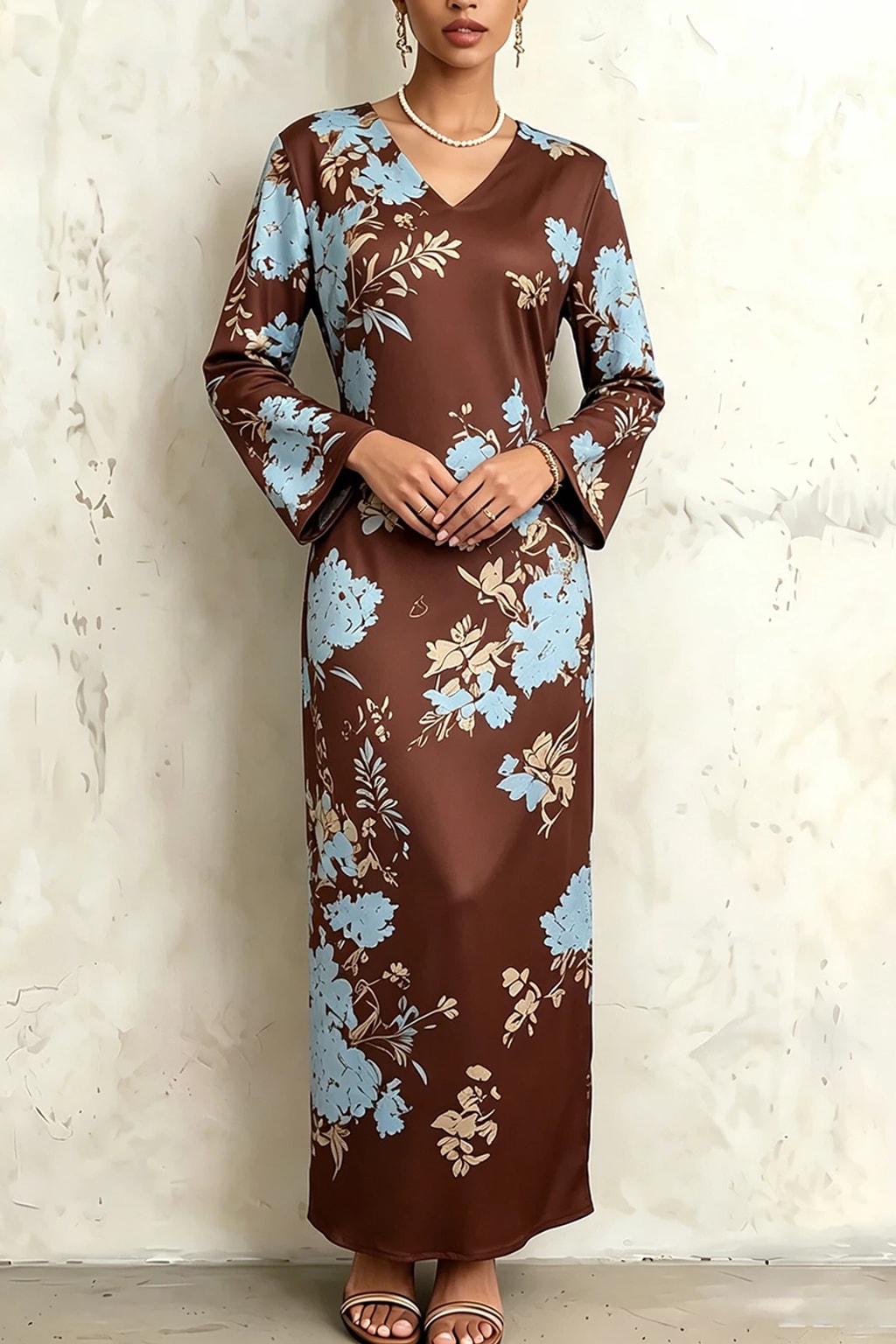 Polyester Satin Maxi Dress With V-Neck & Bell Sleeves - 3