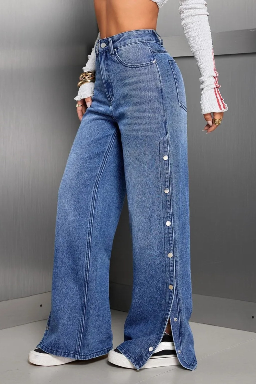 Denim Wide-Leg Pants With Button Fly - 2