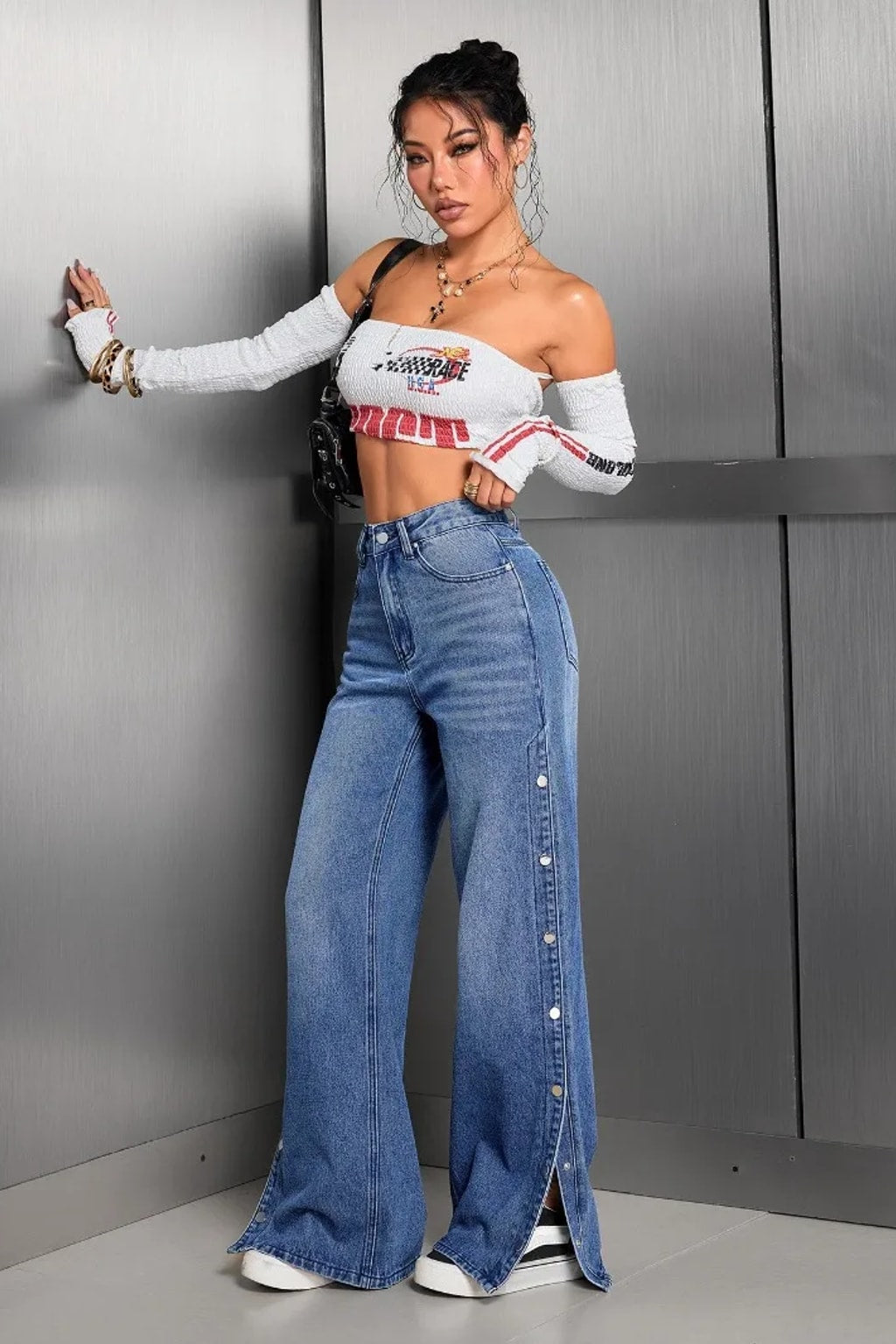 Denim Wide-Leg Pants With Button Fly - 5