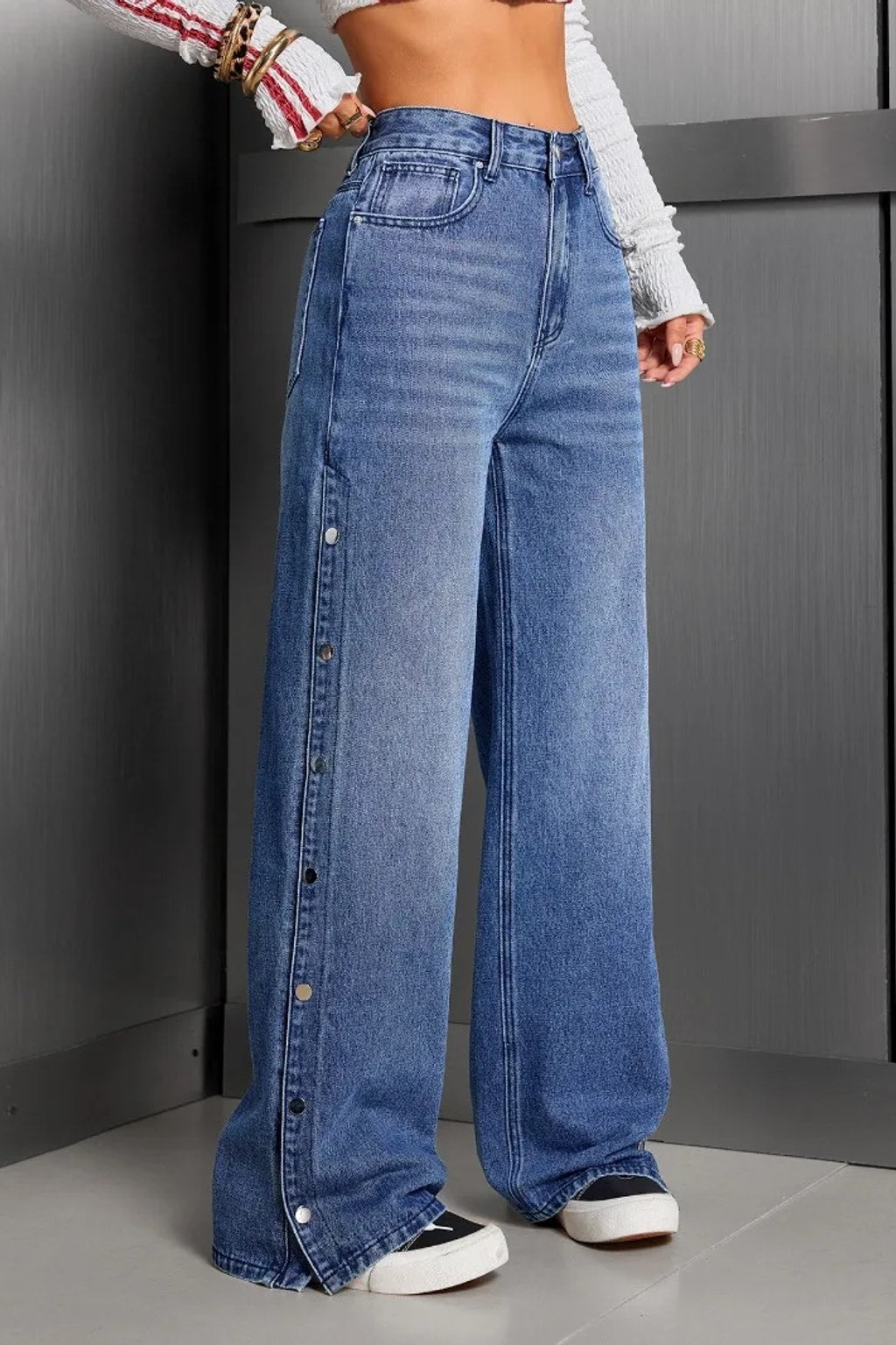 Denim Wide-Leg Pants With Button Fly - 3
