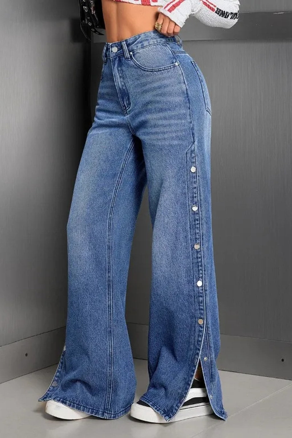 Denim Wide-Leg Pants With Button Fly - 7