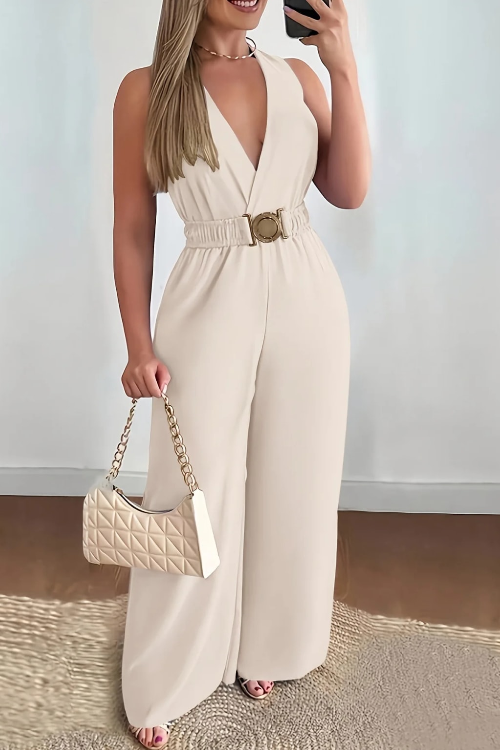 Cotton Blend Women's Jumpsuit With Deep V-Neck - 3