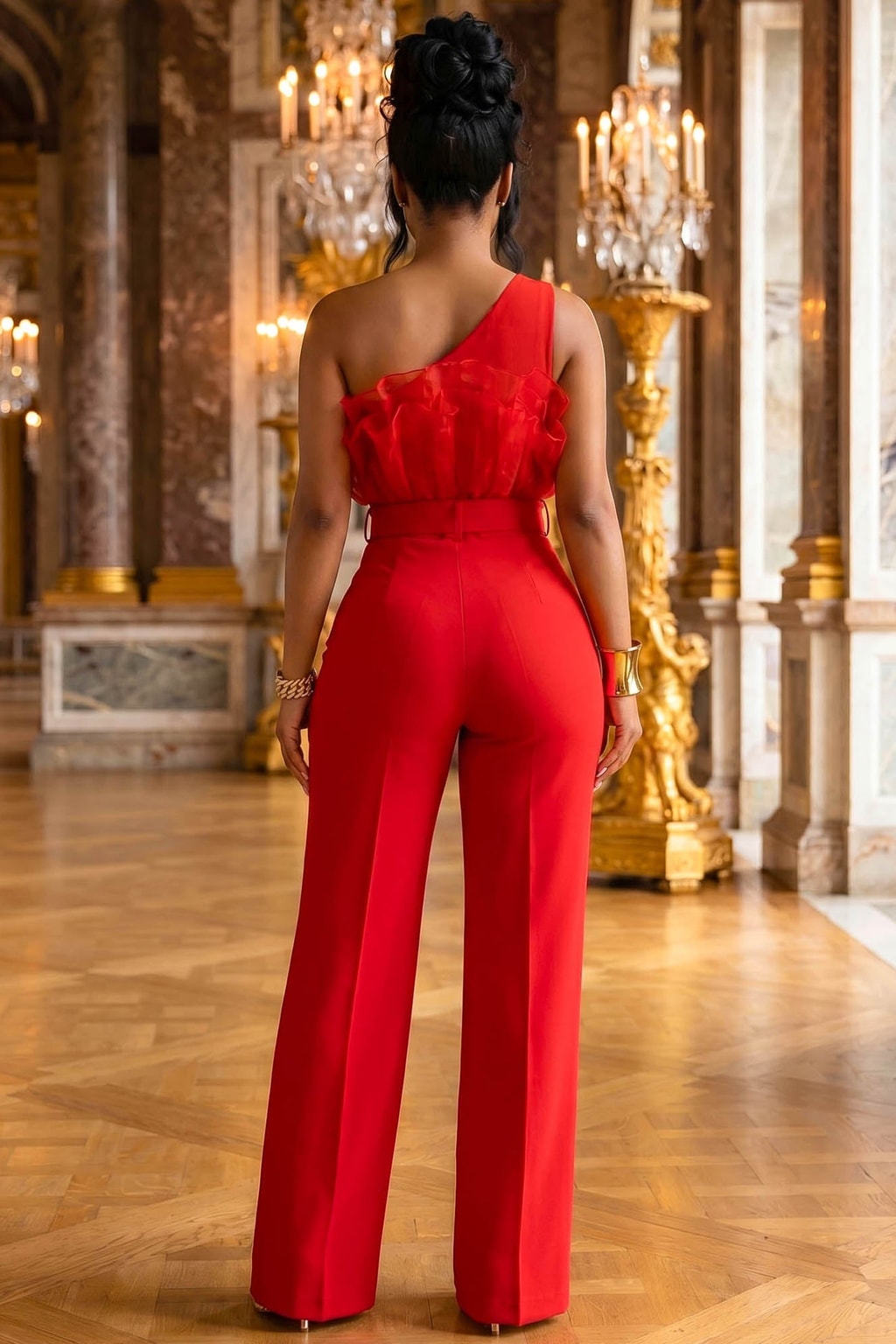 Poly-Spandex Organza One-Shoulder Jumpsuit With Belt - 4